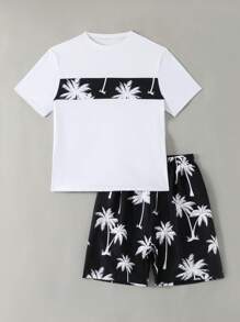 Set di abbigliamento da bagno per adolescenti, composto da top con stampa casuale e pantaloncini da bagno con stampa ed elastico in vita