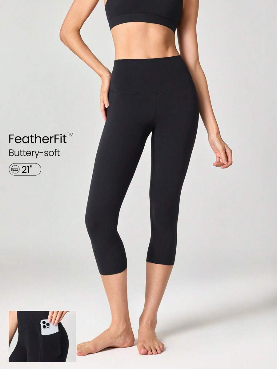 GLOWMODE 21" FeatherFit™ Gotta Glow Sweat-Wicking Stretchy Side Pockets Leggings Low Impact Yoga Pilates Studio Gym Daily Fall Winter - Black - View 1