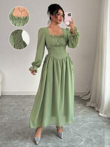 Modelyn Women Square Neck Pleat Detail Dress, Fashionable For Summer - Green - View 1