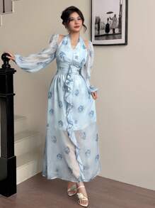 Modelyn 女式长款花卉印花雪纺 V 领春夏浪漫优雅荷叶边下摆连衣裙 - 藍色 - 查看 5