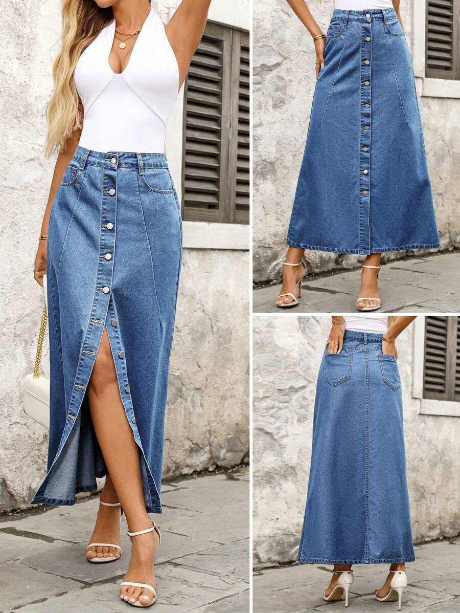 SHEIN Plus Size Women's Single-Breasted Casual Vacation Washed Denim Skirt