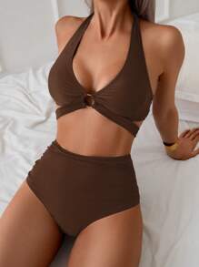 Swim Basics Hot Selling Neck Tie Black Bikini Set, Beach Holiday Bikini Set, Beach Party Swimwear For Summer Beach Vacation - Coffee Brown - View 1