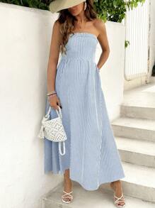 SHEIN Váy sọc không dây cho bà bầu, váy bầu thời trang mùa hè - Màu xanh nhạt - Xem 1