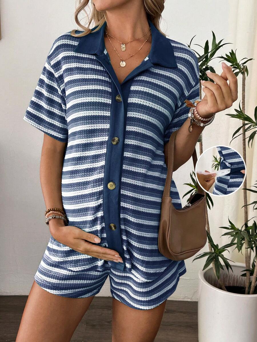 SHEIN 2pcs Maternity Set: Gradient Striped Short Sleeve Shirt And Elastic Waist Drawstring Shorts - Blue - View 1