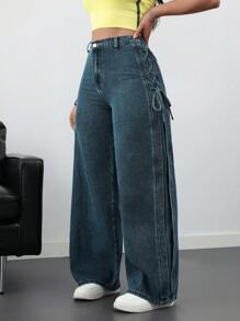 SHEIN ICON 女式休闲宽松蝴蝶结牛仔裤，蓝色 - 深色水洗藍 - 查看 6