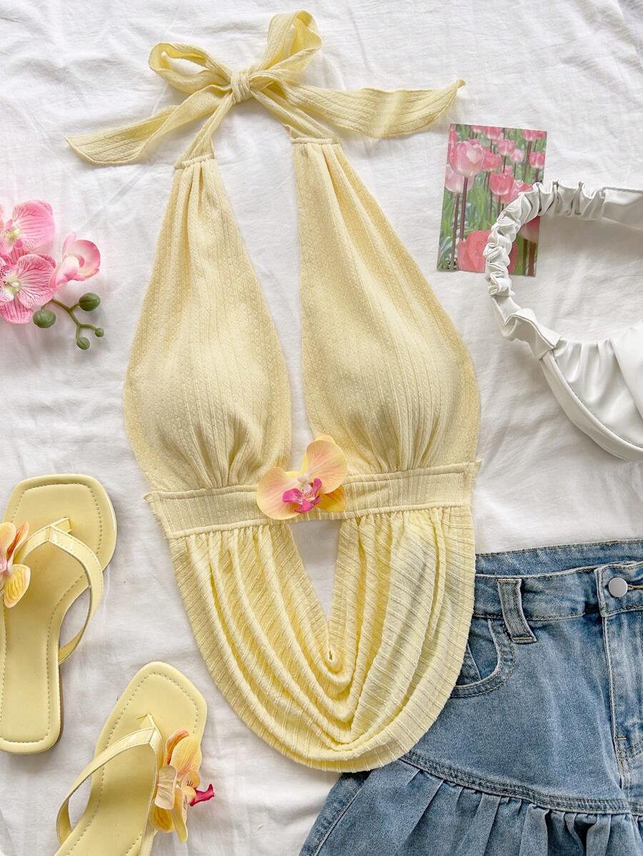 Soleia 女式度假金丝雀黄色针织纹理垂坠领露背系带蝴蝶结修身性感背心，适合派对、约会、下午茶、海滩、夏季 - 黃色 - 查看 1