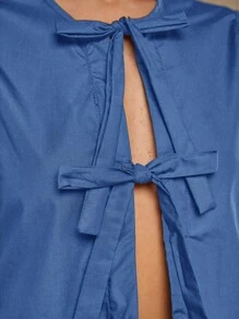 COSMINA 女式夏季纯色系带泡泡袖荷叶边下摆衬衫 - 藍色 - 查看 7