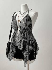 Sweetra New Design Sexy Sheer Beaded Patchwork Hollow Out Spaghetti Strap Backless Camisole For Women, Festival, Boho, Hippie, Cowgirl, Old Money Style  Vintage