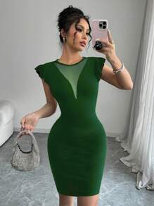 Chiquease Women Solid Color Mesh Patchwork Slim Sexy Green Mini Dress - Green - View 1