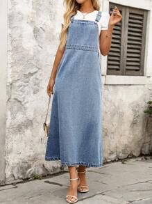 EMERY ROSE Women's Solid Color Pockets Casual Sleeveless Denim Jumper Dress - Blue - View 6