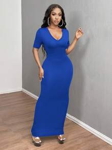 SHEIN SXY 女士纯色 V 领紧身短袖连衣裙 Hoco Dresses - 寶藍色 - 查看 5