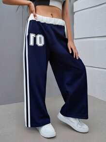 SHEIN Young Girls' Activewear: Comfortable Navy Blue Polyester Long Pants With Stylish White Side Stripes - Blue - View 1