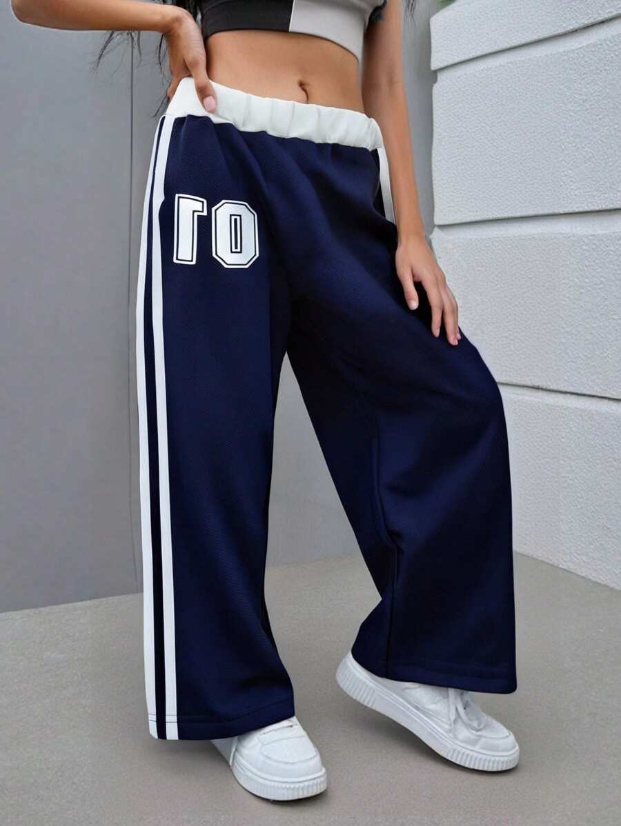 SHEIN Young Girls' Activewear: Comfortable Navy Blue Polyester Long Pants With Stylish White Side Stripes - Blue - View 1