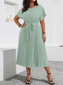 Flirla Plus Size Summer Casual Allover Print Batwing Sleeve Dress With Pleated Hem Maxi Women Outfit - Mint Green - View 5