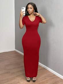 SHEIN SXY Summer;Women's Solid V-Neck Bodycon Short Sleeve Dress Hoco Dresses