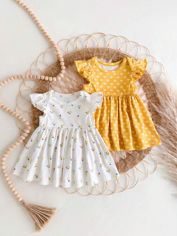 2pcs/Set Newborn Baby Girls' Cute Summer Knitted Ditsy Floral & Dot Print Short Sleeve Dress Set
