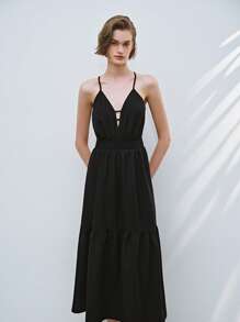 Lumivelle Women's Vacation Striped A-Line Elastic Waist Spaghetti Strap Dress - Black - View 5