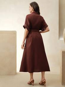 Anewsta Women's Elegant Embroidered Linen Solid Color Belted Midi Dress, Spring Outfits For Women - Rose Red - View 2