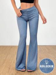 SHEIN PETITE Denim Effect Slim-Fitting Sexy Butt-Lifting Flared Pants With Gathered Back Waist
