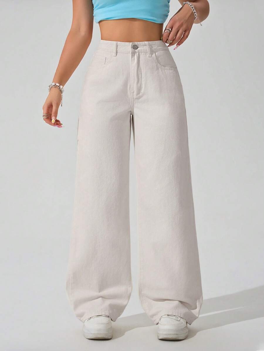 Solid Color Pocket Casual Loose Wide-Leg Jeans - Beige - View 1