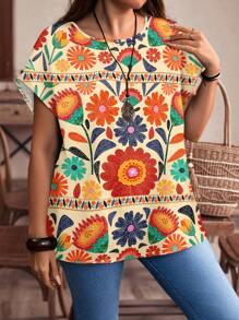 EMERY ROSE Casual Floral Print Loose Round Neck Short Sleeve Plus Size Women Shirt, Suitable For Summer Vcay - Multicolor - View 4