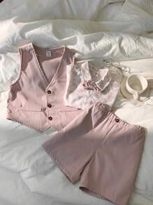 SHEIN Leap Crew 2pcs Young Boys College Style Casual Comfortable Solid Color Polo Shirt, Necktie, Relaxed Fit Shorts 3 Pieces Set, Suitable For Commute, School, Daily, Vacation, Sport In Spring/Summer - Pink - View 3