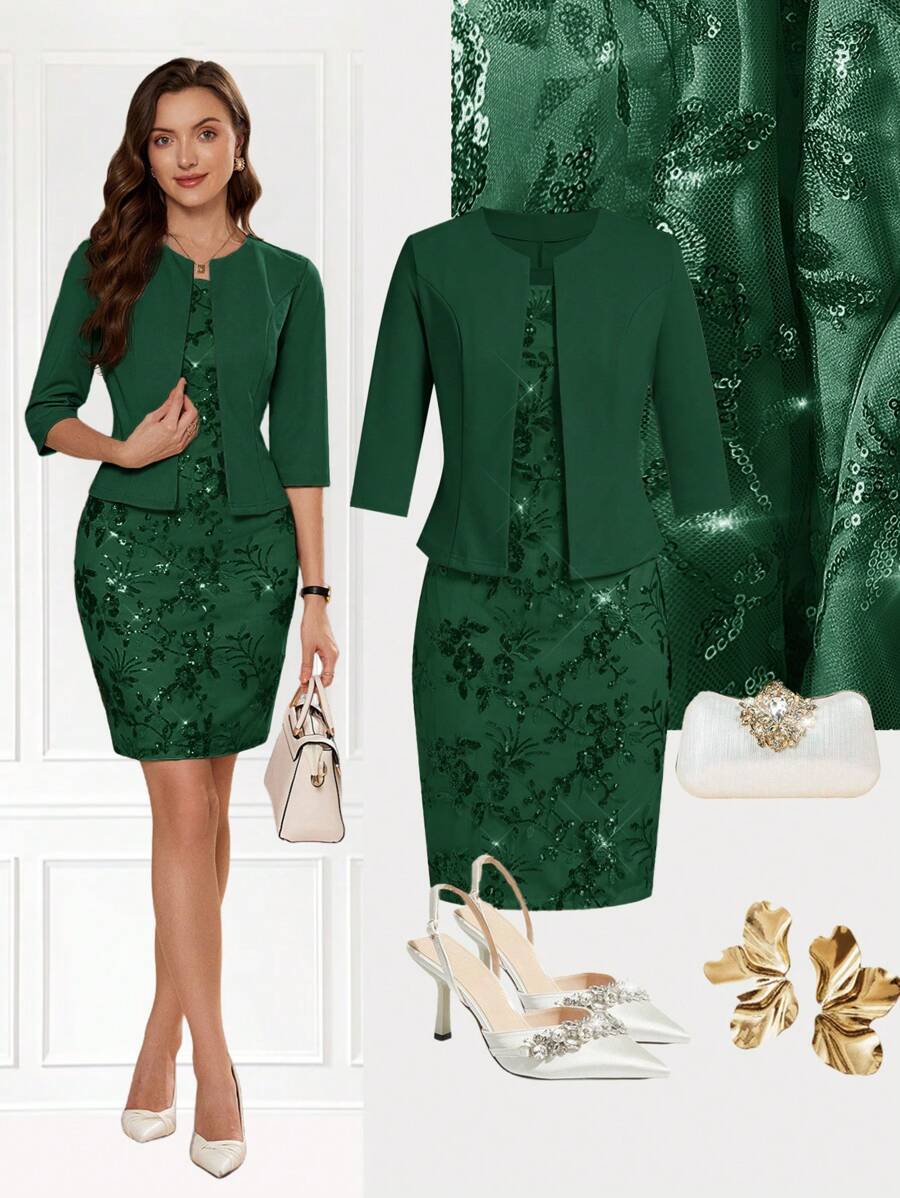 Ellevyn 2 Stücke/Set Damen Glitzer Party Kleid mit anliegender Kurzjacke