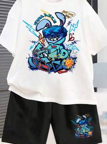 SHEIN Leap Crew CONEJO, conjunto informal de 2 piezas con pantalón corto y camiseta de manga corta y cuello redondo para niños preadolescentes, adecuado para el verano - Multicolor - Ver 3