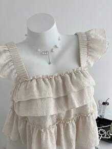 Elin Vora Ruffled Hem Flutter Sleeve Top, Casual & Vacation - Apricot - View 6
