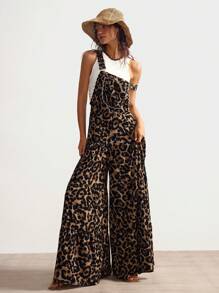 Bohemela BOHO Western Style Vacation Casual Knitted Leopard Print Wide Leg Bib Overalls - Brown - View 3