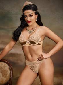 SHEIN 2pcs Lace Woman Underwire Lingerie Set - Apricot - View 3