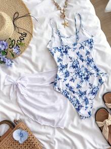 SHEIN Teen Girls Vacation Ditsy Floral Side Bow Decor Casual One-Piece Swimsuit With Cover-Up Skirt Set For Summer