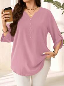 EMERY ROSE Plus Size Women's Purple Red 3/4 Sleeve Blouse, Early Spring - Pink - View 4