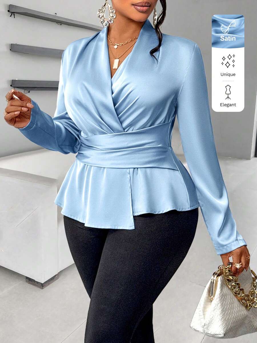 SOLERSUN 女士时尚缎面衬衫，搭配裹领荷叶边上衣