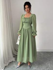 Modelyn Women Square Neck Pleat Detail Dress, Fashionable For Summer - Green - View 4