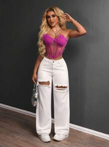 SHEIN SXY Casual Versatile Plain Ripped Straight Leg Jeans - White - View 5