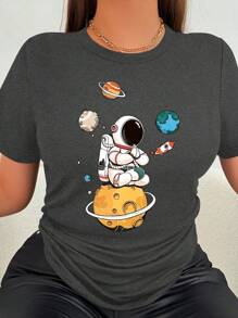 VaVaBold "Astronaut" Cartoon Print Casual Comfortable Home T-Shirt For Women Graphic Tees Women Tops - Dark Grey - View 1