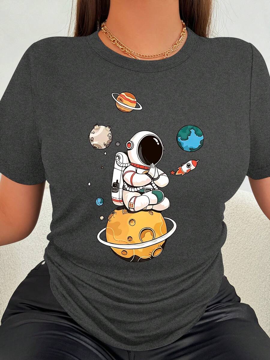 VaVaBold "Astronaut" Cartoon Print Casual Comfortable Home T-Shirt For Women Graphic Tees Women Tops - Dark Grey - View 1