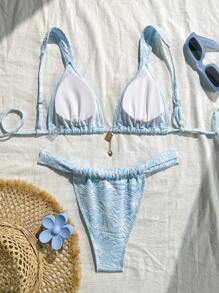 Swim Mod Set de 2 piezas de ropa de mujer para vacaciones de primavera y playa, bikini triangular morado con collar colgante - Celeste - Ver 2