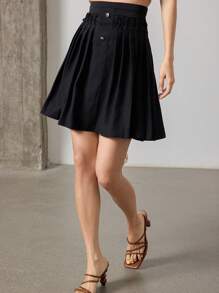 Heiryn Women's Solid Color Button Design Pleated Short Skirt, Elegant - Black - View 2