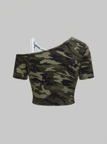 ROMWE J-Fashion Y2K 前卫水钻骷髅头与图案印花细肩带单肩女式多层 T 恤 - 軍綠色 - 查看 2