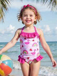 Baby Girl Cute Flamingo Print Ruffled One-Piece Swimsuit, Summer Beach Vacation - Hot Pink - View 1