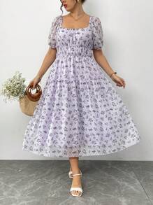 Flirla Vestido evasé con tirantes, cuello romántico y cintura ceñida para tallas grandes - Multicolor - Ver 1