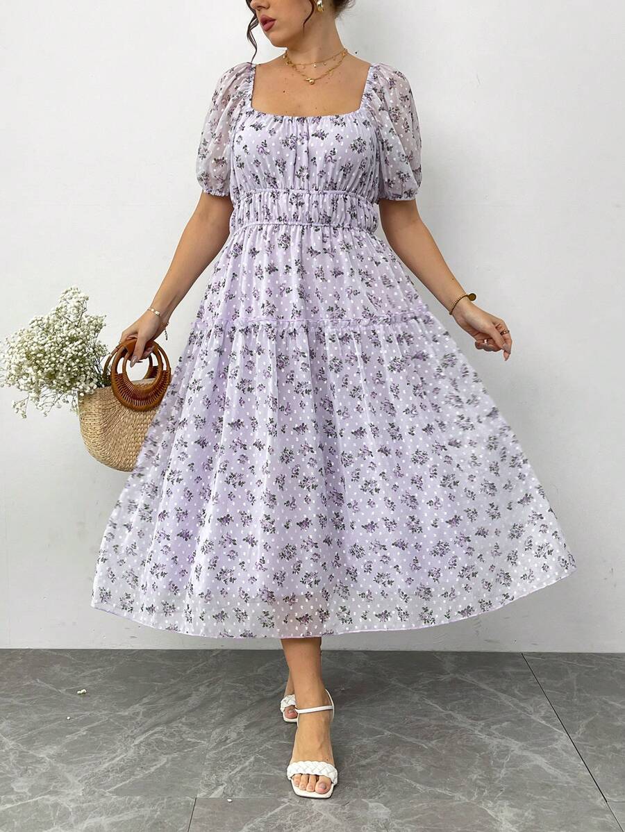 Flirla Vestido evasé con tirantes, cuello romántico y cintura ceñida para tallas grandes - Multicolor - Ver 1