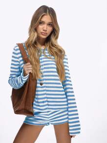 MISSGUIDED Striped Ribbed Knit Button Front Long Sleeve Winter Two Piece Cozy Loungewear Set With High Rise Shorts Casual Comfortable Leisure Wear - Blue - View 4