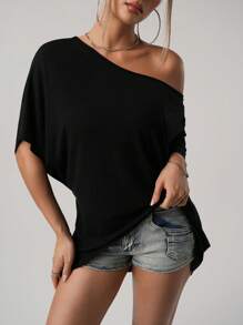 SHEIN ICON Casual American Street Style Oblique Shoulder Loose T-Shirt, Solid Black - Black - View 6