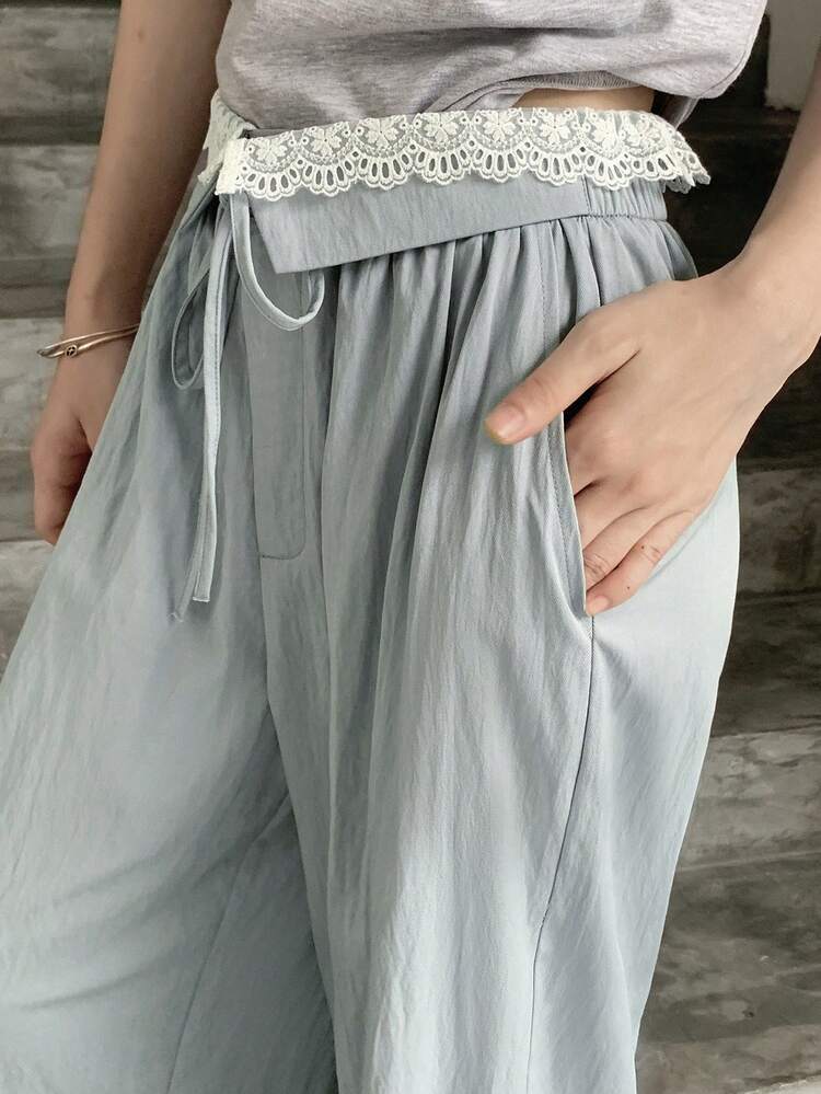 Women's Contrast Lace Tie Waist Wide Leg Casual Loose Pants For Vacation, Summer
