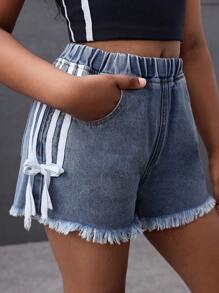 青少年女孩 Y2K 时尚侧条纹蝴蝶结宽松复古休闲宽松牛仔裤长短裤，带斜口袋和毛边下摆，女孩春夏假期服装，夏季音乐会狂欢节宽松短裤街头服装