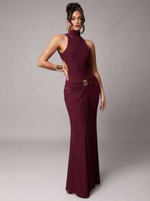 Silquee 女士优雅派对长袖性感高领露背连衣裙，带金属扣装饰，有酒红色和砖红色可选，采用弹力针织面料制成，适合鸡尾酒会、浪漫约会、秋冬休闲装、婚礼、伴娘、正式派对、万圣节、圣诞节、连衣裙、女士连衣裙 - 酒紅色 - 查看 5