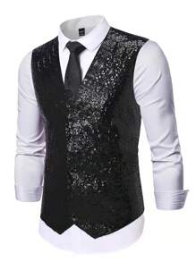 Manfinity AFTRDRK Men's Sequin Decorated Minimalist Fashion V-Neck Sleeveless Vest Men Party Prom Waistcoat - Black - View 1